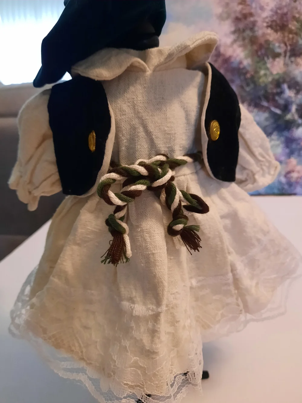 Cream Lace Vintage Doll Dress with Black Velvet Vest and Braided Belt